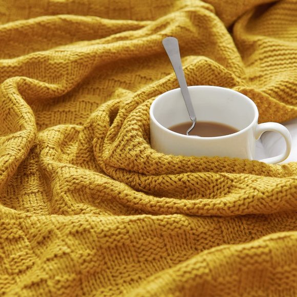 Waffle Knit Cable Knit Weave Square Pattern Decorative Bed Warm Accent Blanket - Picture 4 of 7